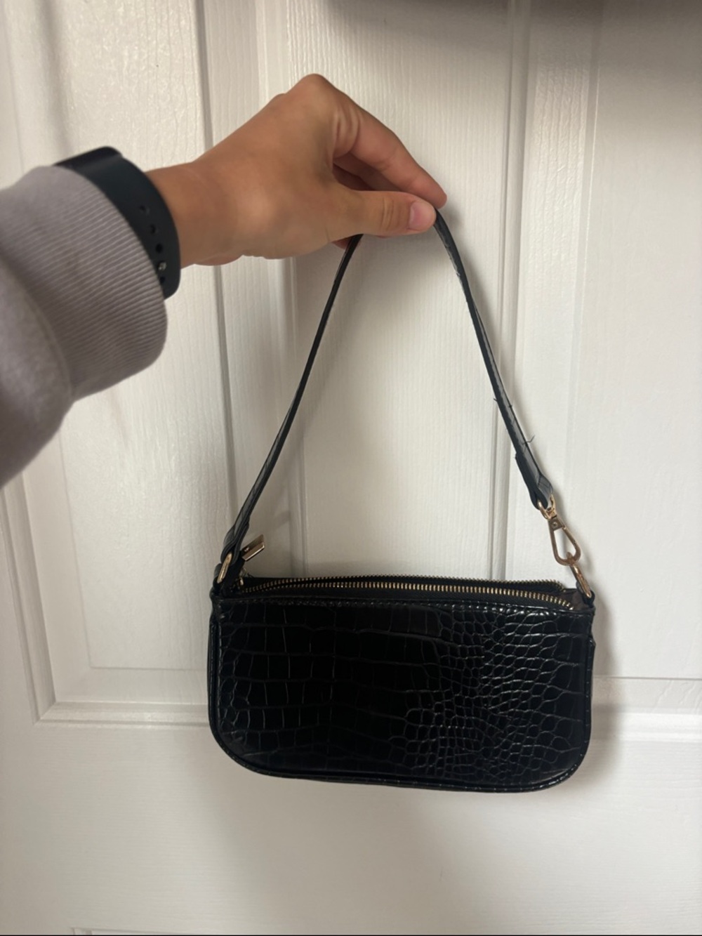 Black Croc-Embossed Shoulder Bag